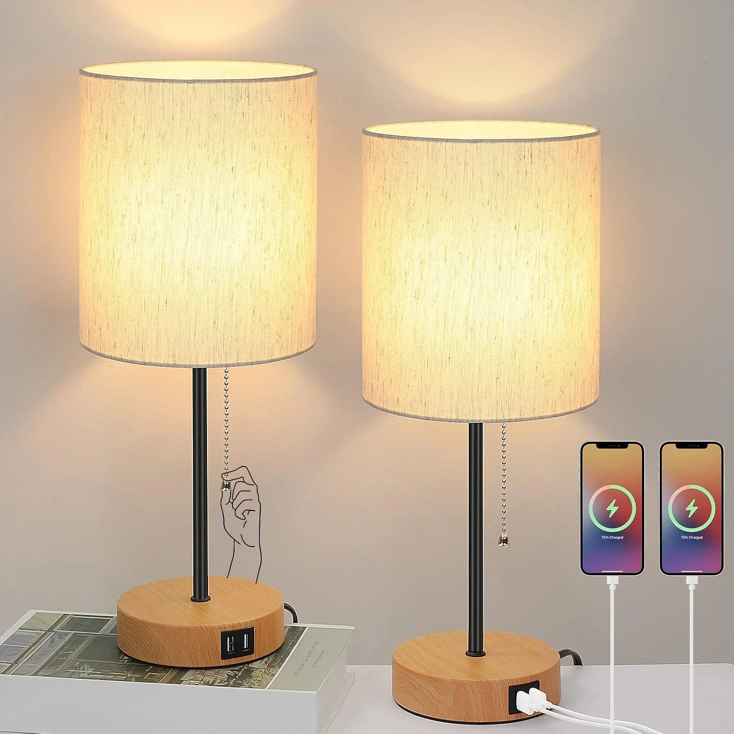 Special 17.3" Table Lamps Set of 2 with 2 USB & AC Outlet, Pull Chain
