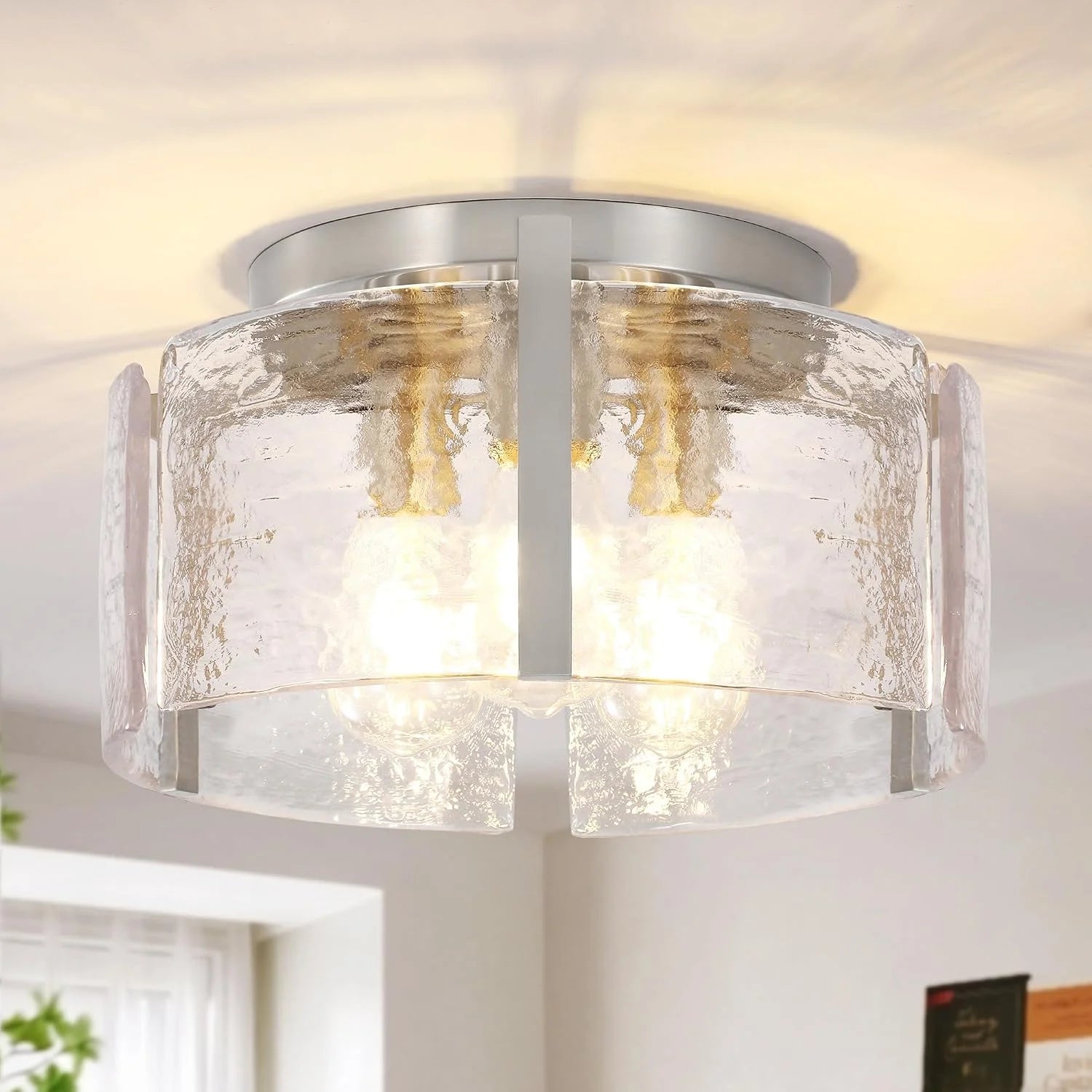 Special Modern Gold Semi Flush Mount Ceiling Light, Dimmable, 3-Light Farmhouse Glass Drum Light Fixture - Image 3