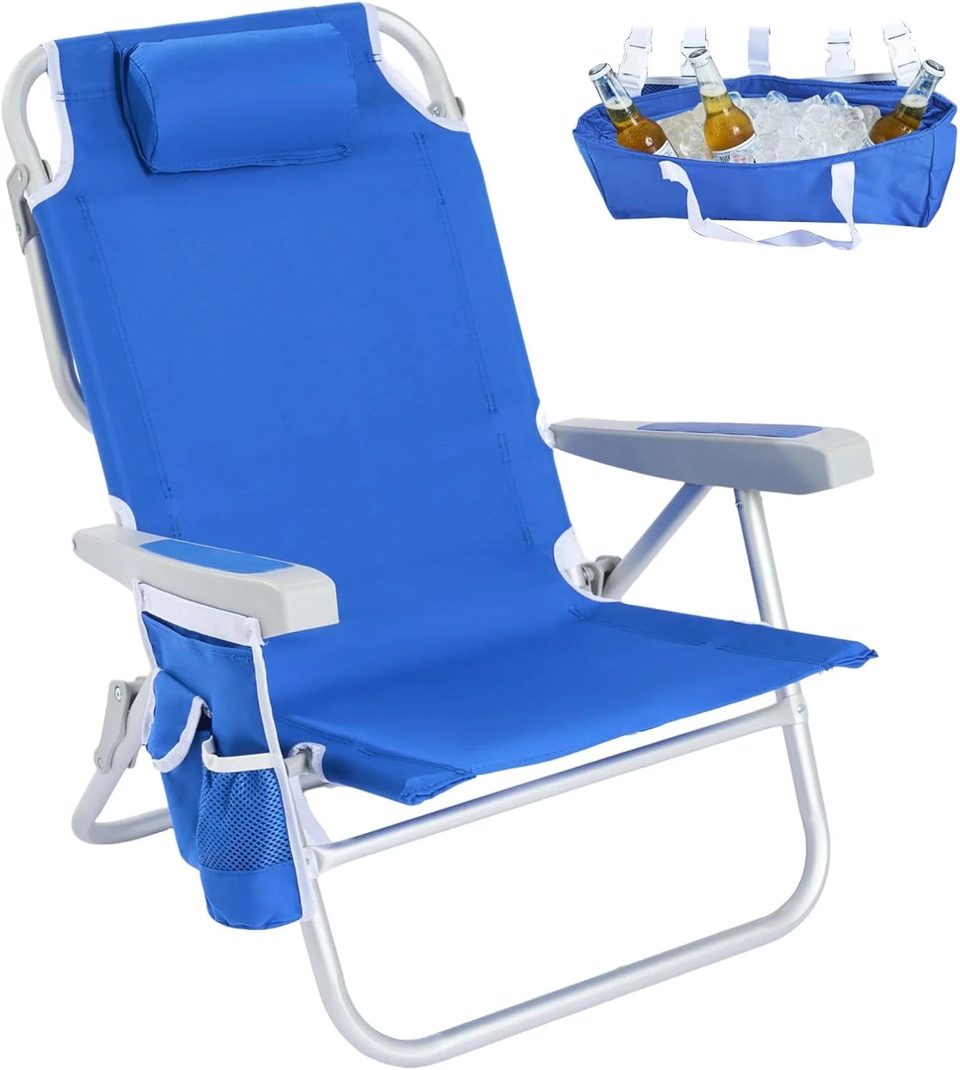 Special Low Beach Chair 2 Pack, 5-Position Lay Flat Reclining, Backpack Portable Folding Chairs with Cooler Bag & Cup - Image 3