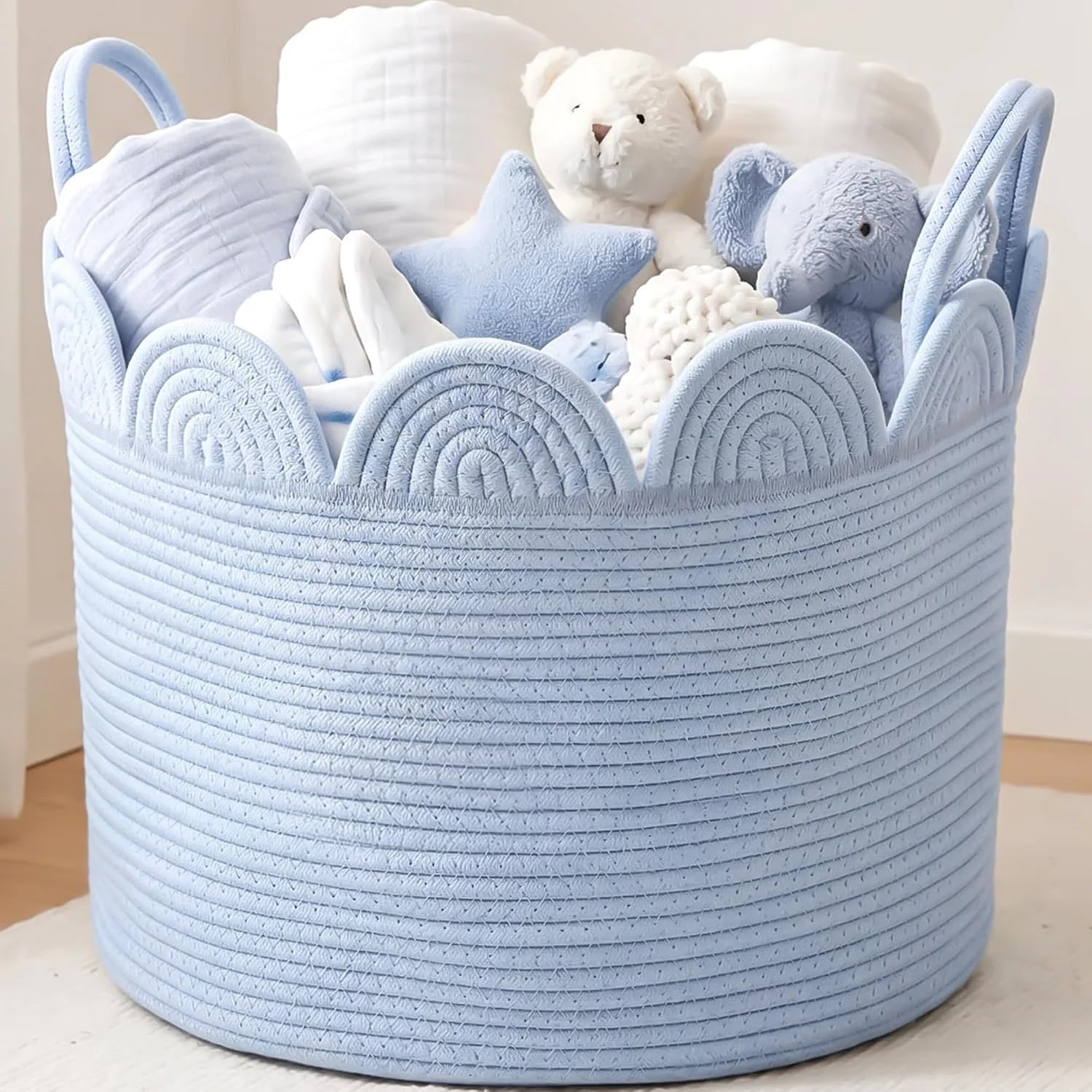 Special Woven Basket Brown, 16 L X 16 W X 14 H, Large Storage for Blankets Toys Laundry, Cotton Rope Scalloped Edge