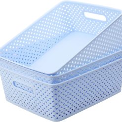 Special 3 Pack Plastic Storage Baskets, Large, White, Durable Woven Plastic with Built-In Handles