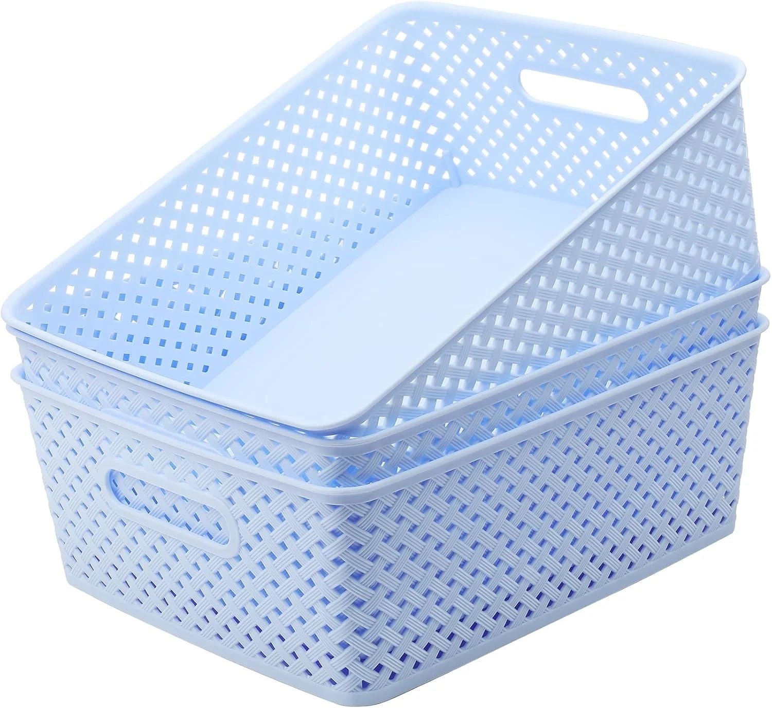 Special 3 Pack Plastic Storage Baskets, Large, White, Durable Woven Plastic with Built-In Handles