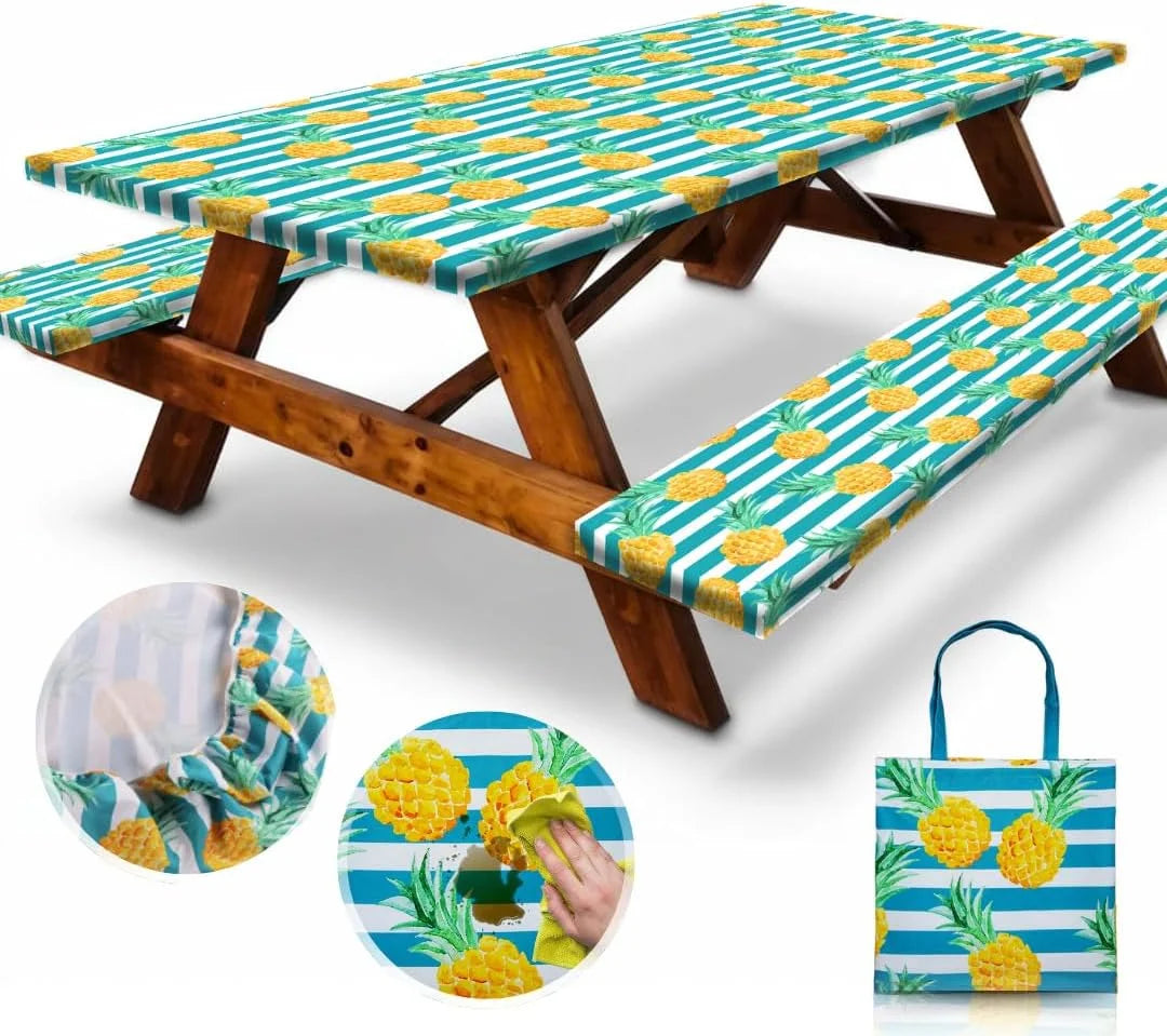 Special Premium Vinyl Fitted Picnic Table Cover with Bench Covers & Bag, Outdoor Waterproof & Windproof Durable Tablecloth with Elastic Edges - Image 10