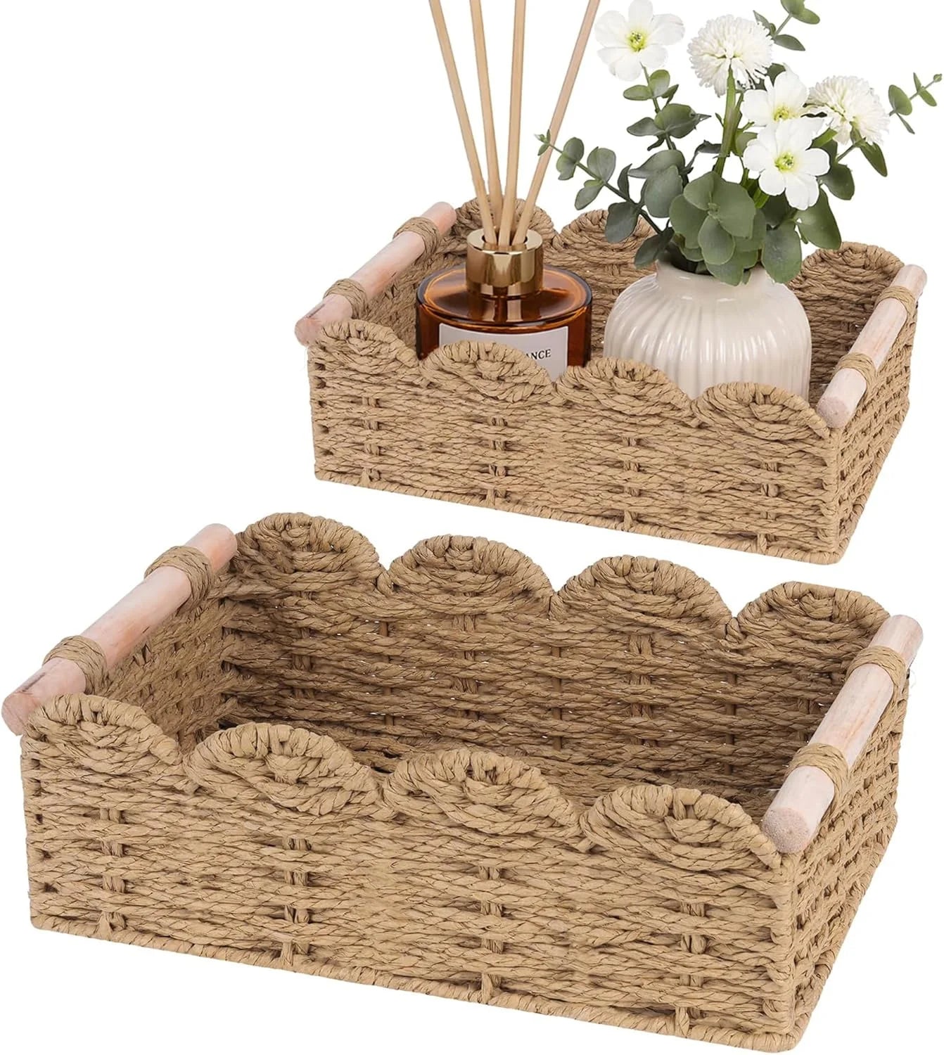 Special Storage Organizing Baskets, Set of 2 Scalloped Edge Wicker Basket with Wooden Handles Toilet Paper - Image 2