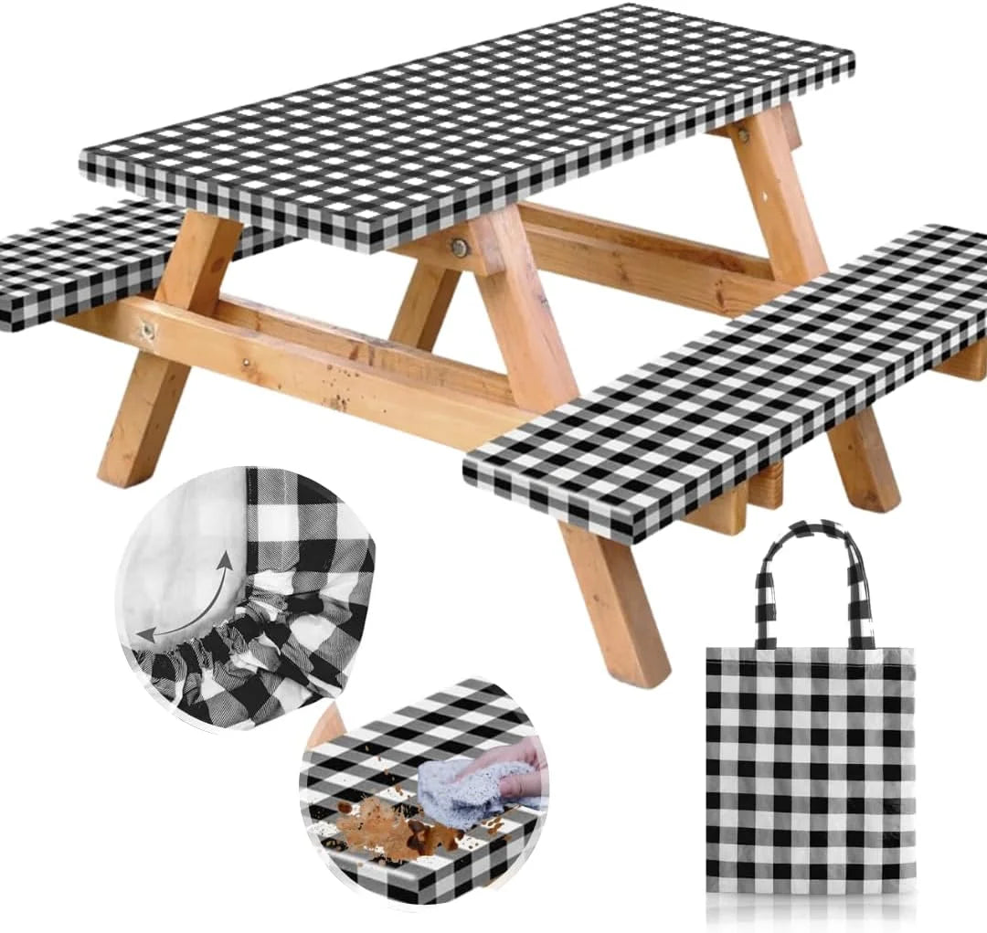 Special Premium Vinyl Fitted Picnic Table Cover with Bench Covers & Bag, Outdoor Waterproof & Windproof Durable Tablecloth with Elastic Edges - Image 3