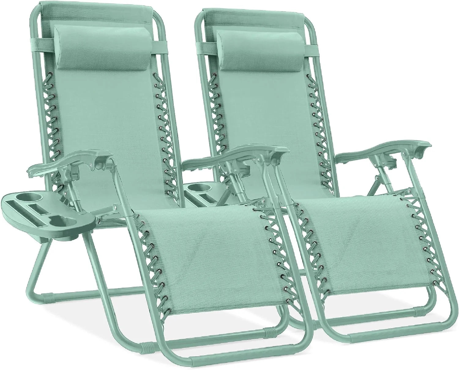 Special Choice Products Set of 2 Adjustable Steel Mesh Zero Gravity Lounge Chair Recliners w/Pillows and Cup Holder Trays - Image 9
