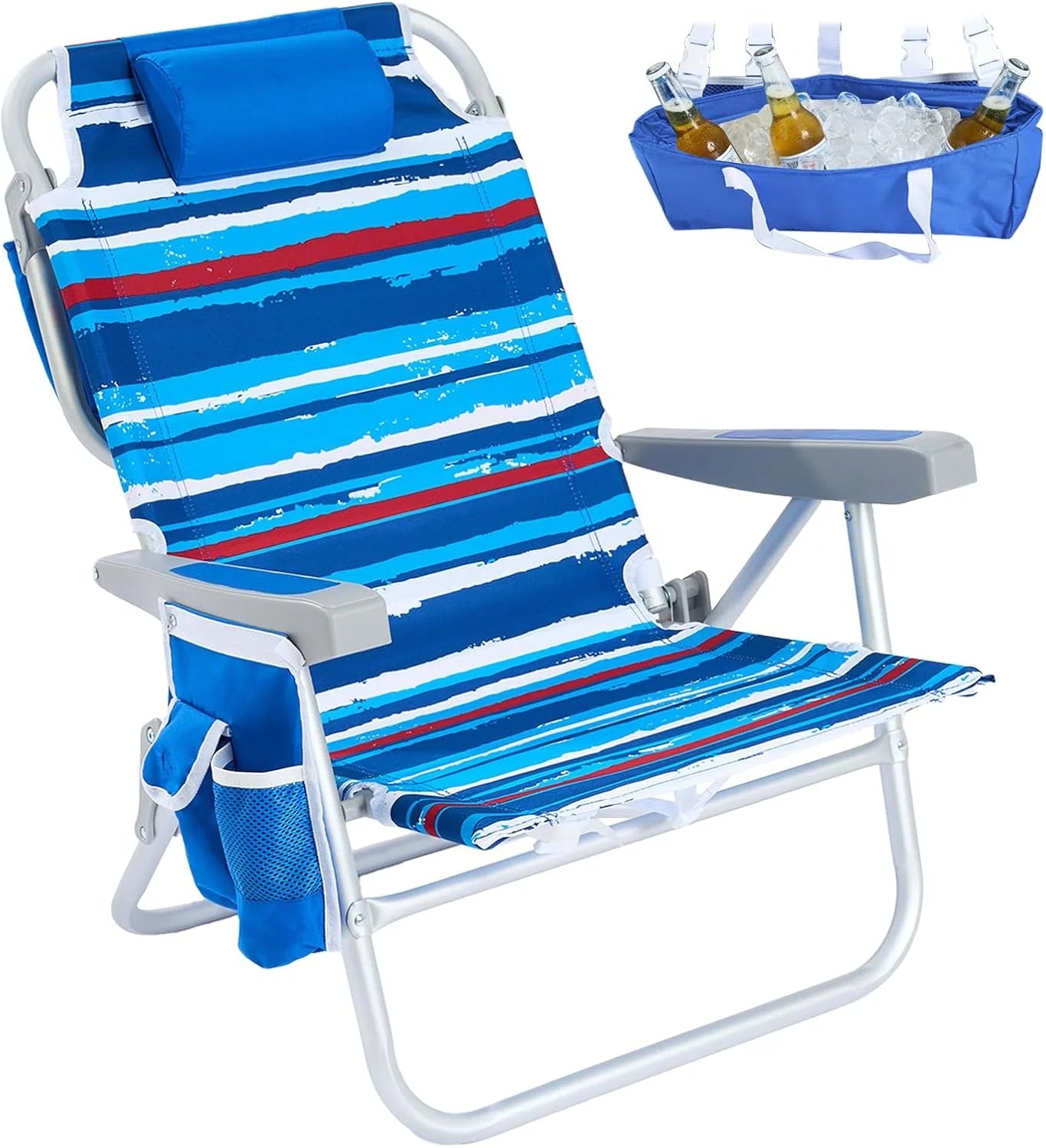 Special Low Beach Chair 2 Pack, 5-Position Lay Flat Reclining, Backpack Portable Folding Chairs with Cooler Bag & Cup - Image 11