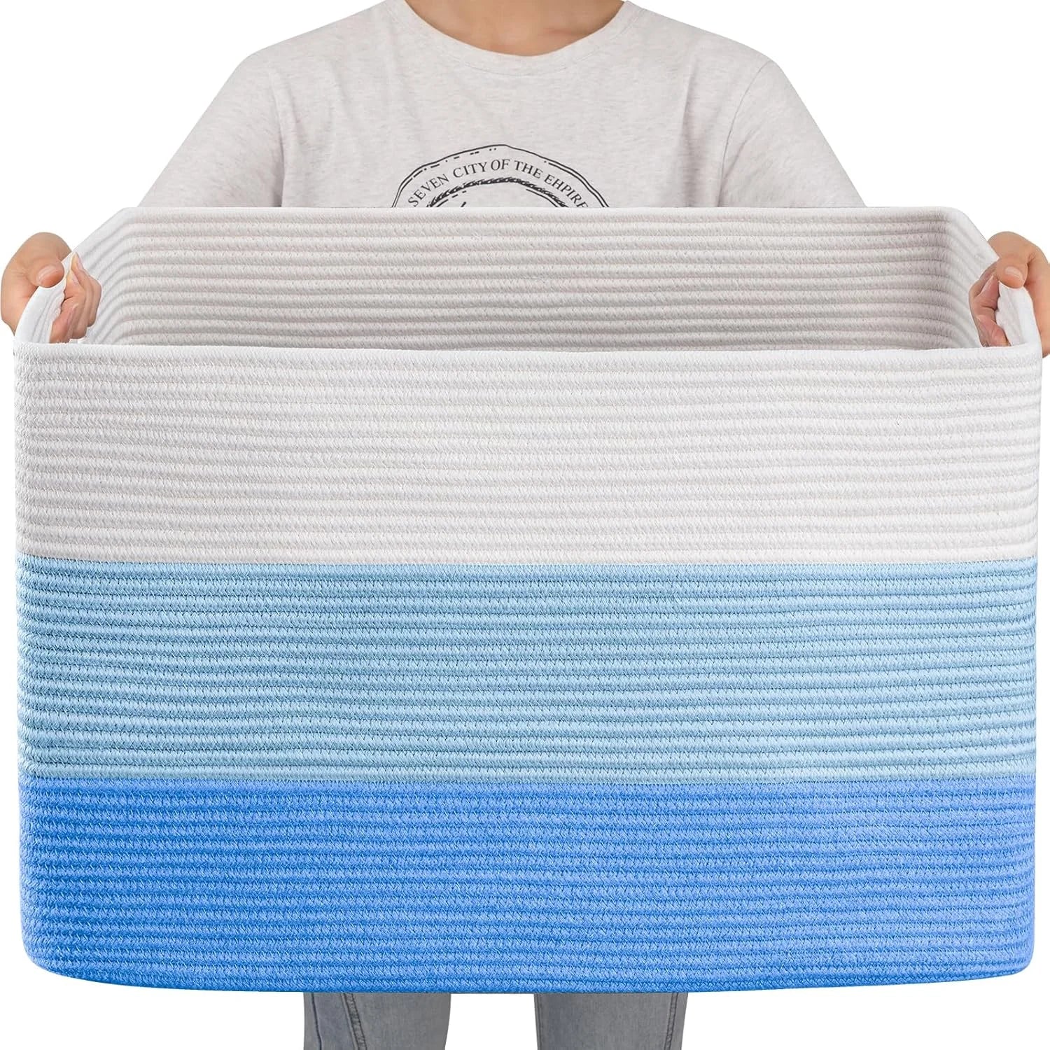 Special Blanket Basket, 25”x16”x16”(108L) Rectangle Woven Storage Baskets, Cotton Rope Basket For Living Room - Image 3