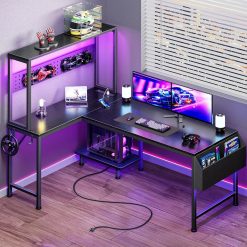 Special L Shaped Gaming Desk with LED Lights & Power Outlets, Reversible Computer Desk with Storage Shelves & Bag