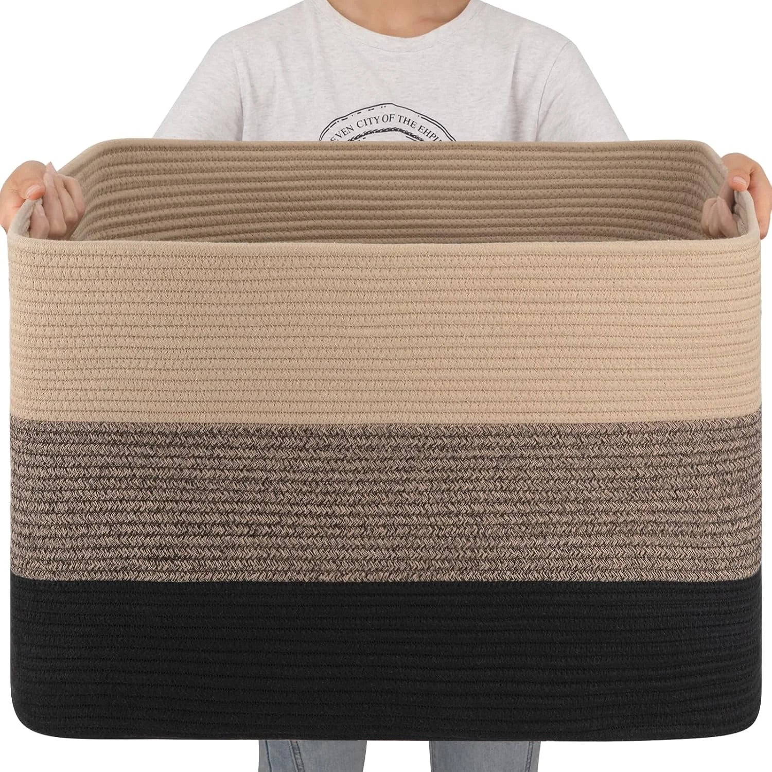 Special Blanket Basket, 25”x16”x16”(108L) Rectangle Woven Storage Baskets, Cotton Rope Basket For Living Room - Image 6