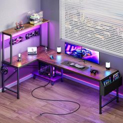 Alternative view of Special L Shaped Gaming Desk with LED Lights & Power Outlets, Reversible Computer Desk with Storage Shelves & Bag