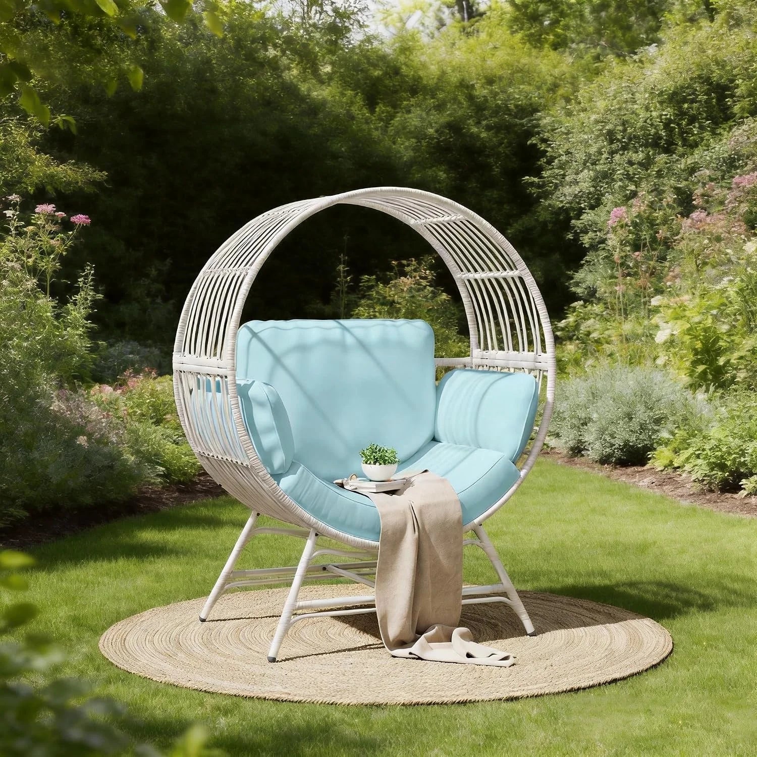 Special Bifanuo Oversized Egg Chair for Indoor Outdoor Use – Rattan Hanging Basket Chair with Thickened Cushion Supports 350 LBS – Wicker Patio Lounge Chair for Balcony Porch Living Room Backyard (Blue) - Image 4