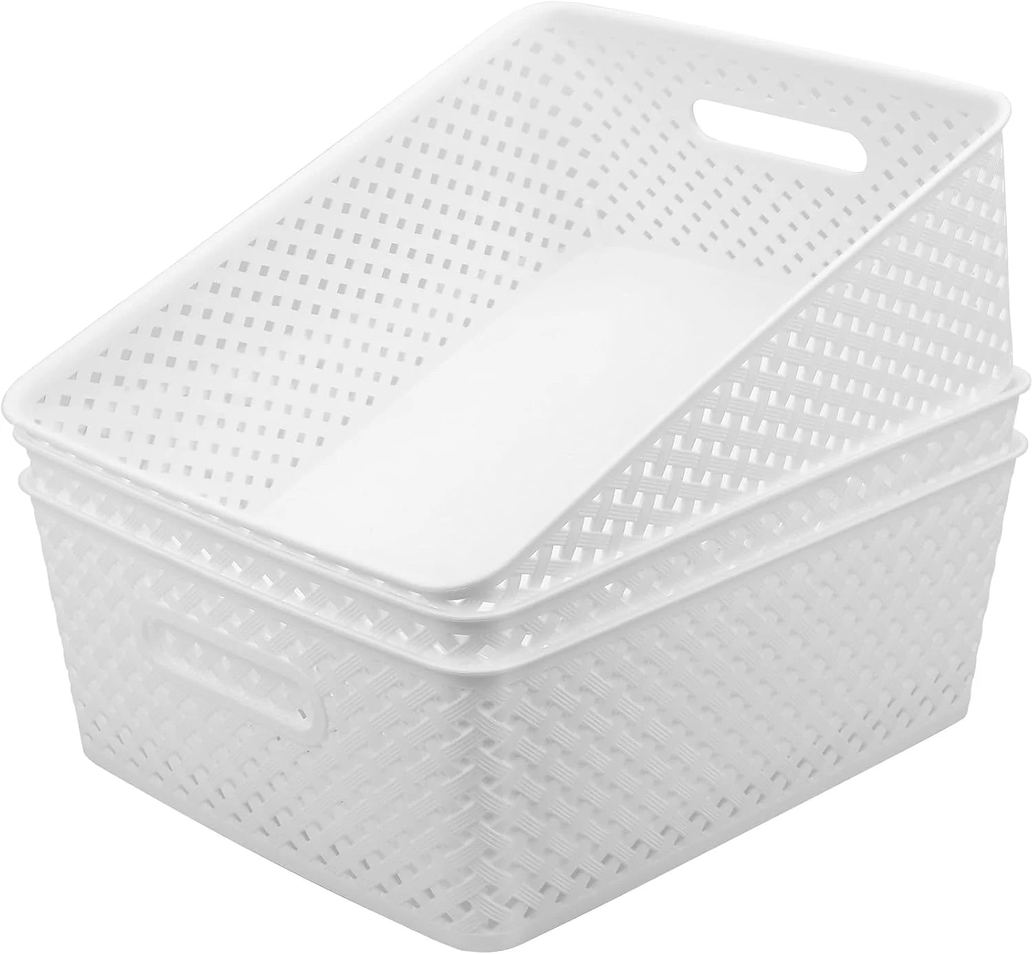 Special 3 Pack Plastic Storage Baskets, Large, White, Durable Woven Plastic with Built-In Handles - Image 8