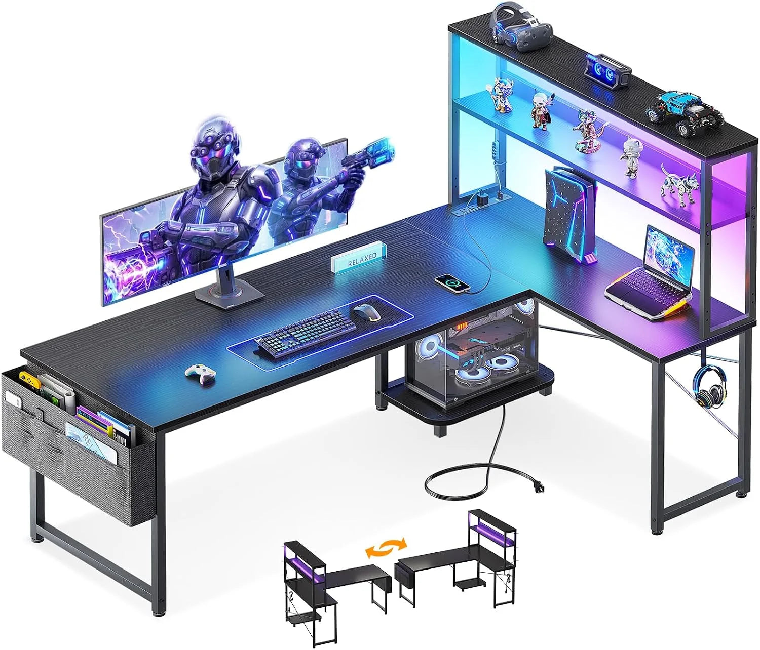 Special 53 L Shaped Gaming Desk with Shelves, LED & Outlets