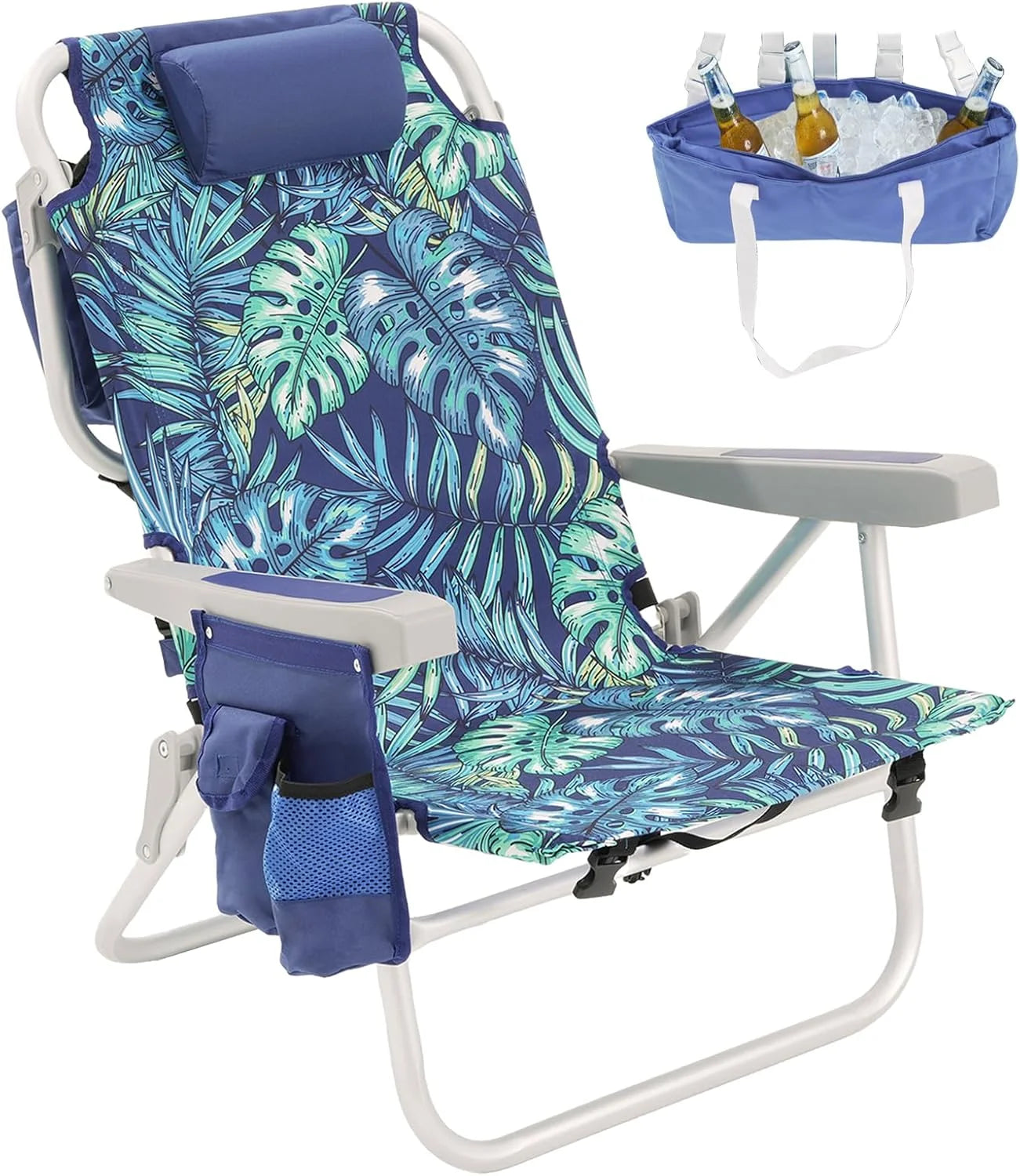 Special Low Beach Chair 2 Pack, 5-Position Lay Flat Reclining, Backpack Portable Folding Chairs with Cooler Bag & Cup - Image 9