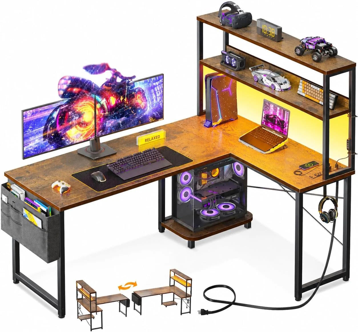 Special 53 L Shaped Gaming Desk with Shelves, LED & Outlets - Image 5