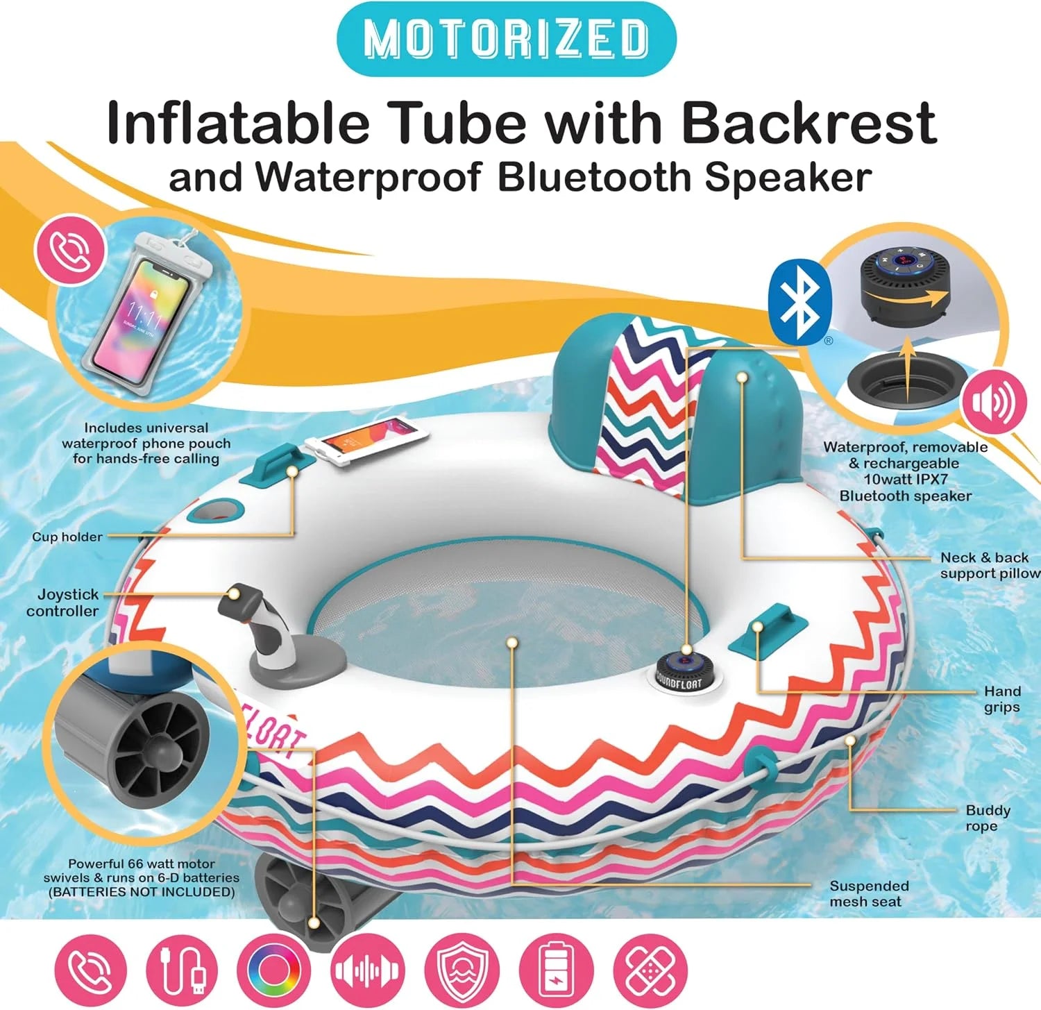 Special Living Motorized Inflatable Pool Float Lounger Tube, Bluetooth 5 IPX7 Waterproof Speaker, 66W Motor - Image 2