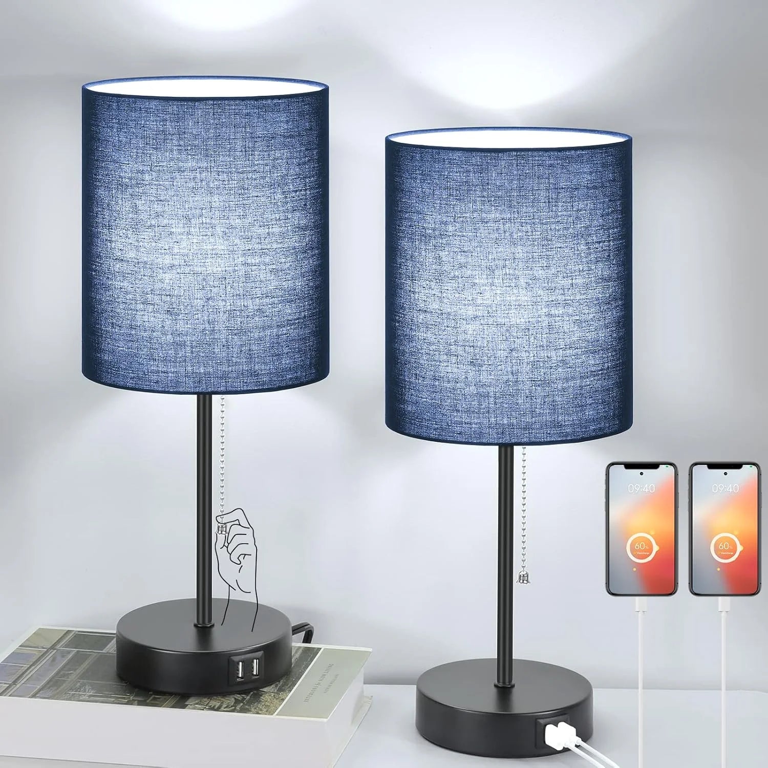 Special 17.3" Table Lamps Set of 2 with 2 USB & AC Outlet, Pull Chain - Image 4