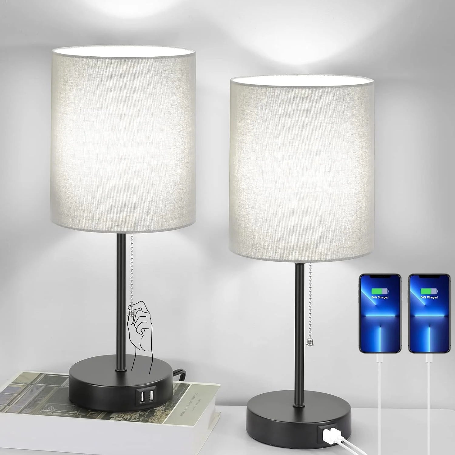 Special 17.3" Table Lamps Set of 2 with 2 USB & AC Outlet, Pull Chain - Image 2
