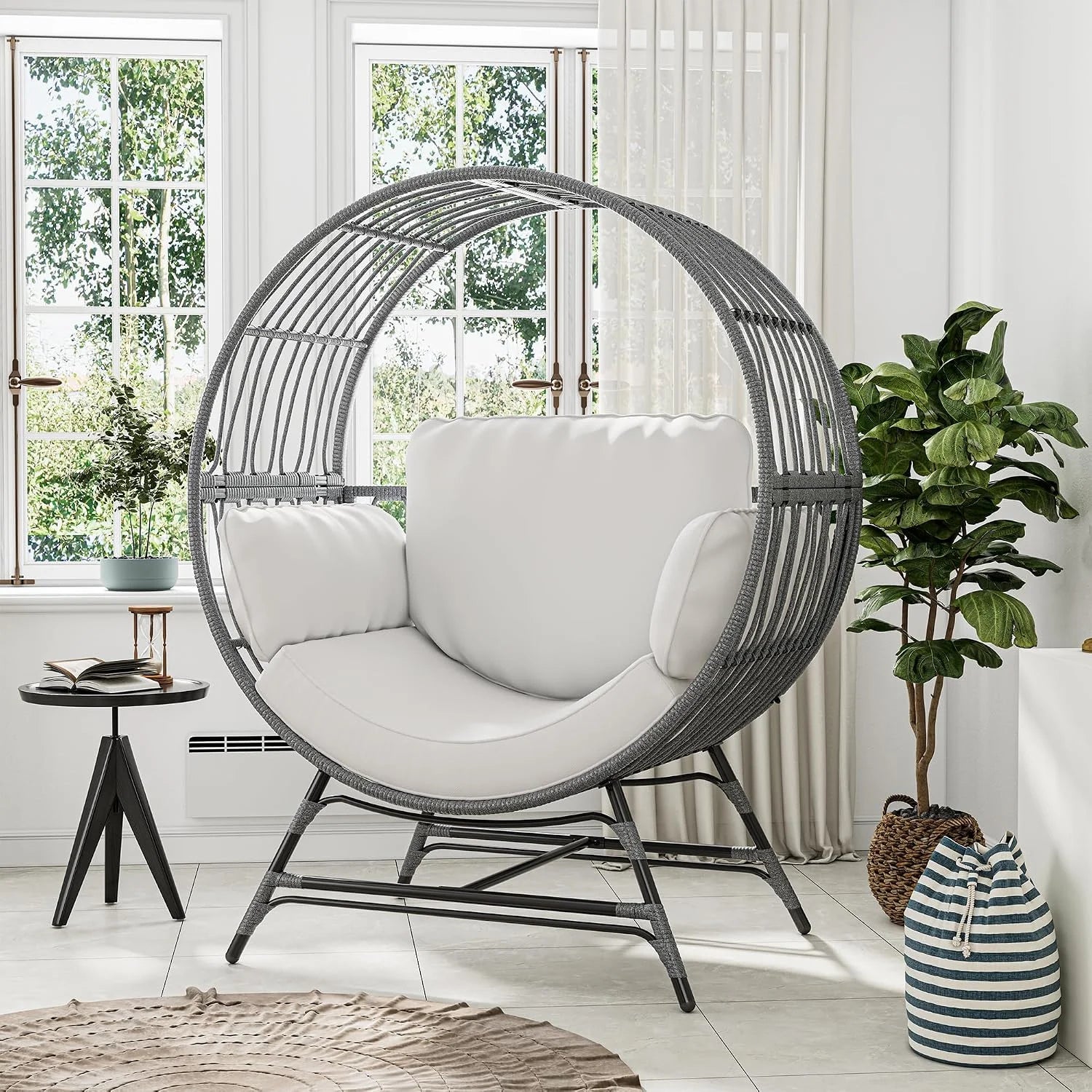 Special Bifanuo Oversized Egg Chair for Indoor Outdoor Use – Rattan Hanging Basket Chair with Thickened Cushion Supports 350 LBS – Wicker Patio Lounge Chair for Balcony Porch Living Room Backyard (Blue) - Image 3