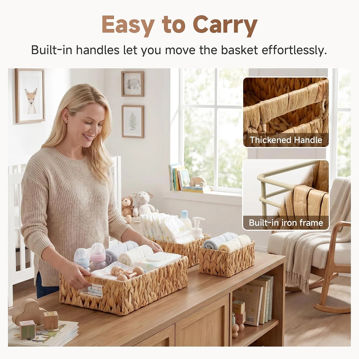 Special Pantry Baskets for Shelves 3 Pack, Rectangular Wicker Basket with Handles, Natural Water Hyacinth - Image 4
