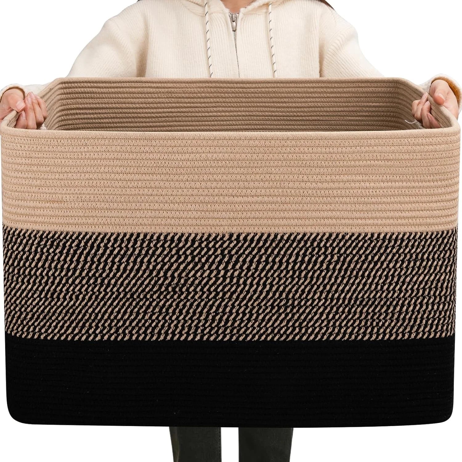 Special Blanket Basket, 25”x16”x16”(108L) Rectangle Woven Storage Baskets, Cotton Rope Basket For Living Room - Image 7