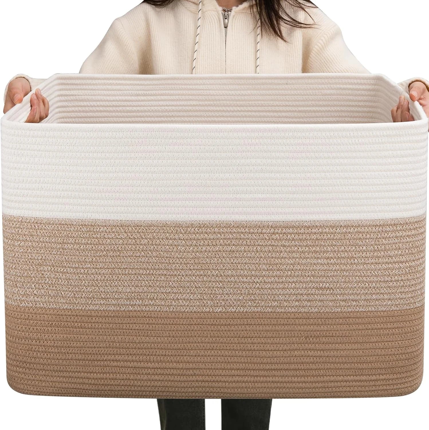 Special Blanket Basket, 25”x16”x16”(108L) Rectangle Woven Storage Baskets, Cotton Rope Basket For Living Room - Image 8