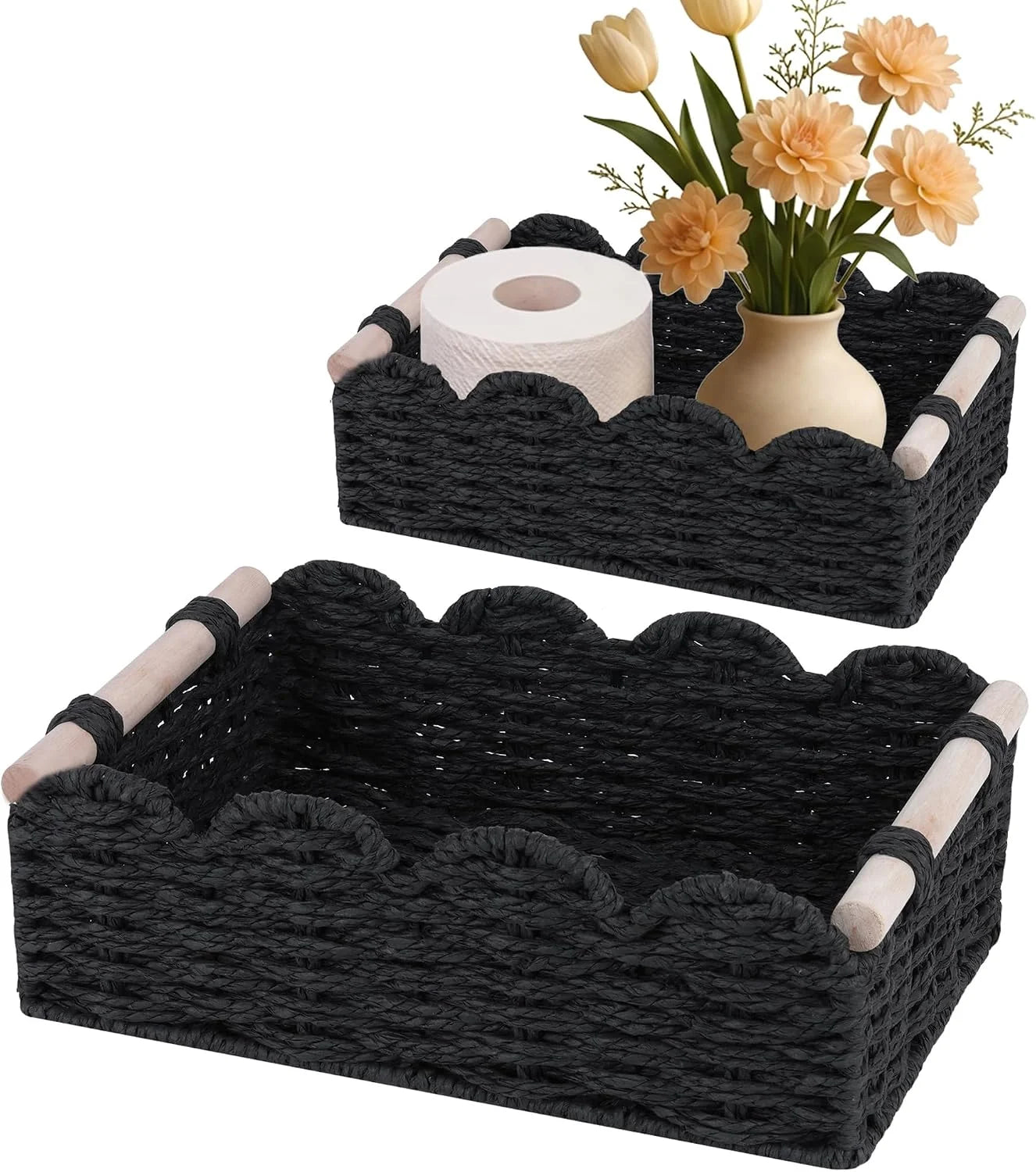 Special Storage Organizing Baskets, Set of 2 Scalloped Edge Wicker Basket with Wooden Handles Toilet Paper - Image 6