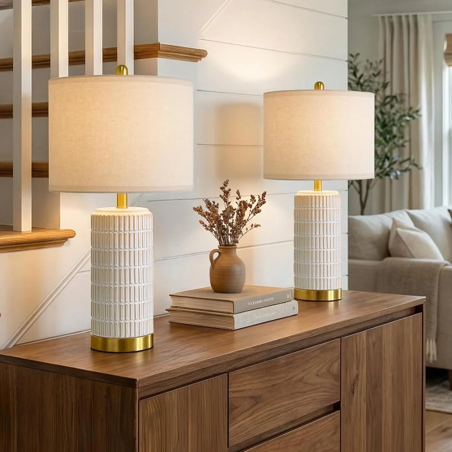 Special PoKat Small Bedside Table Lamps Set of 2 for Bedroom Living Room, 21.5" Modern Ceramic Nightstand Lamps with Gold Base - Image 4