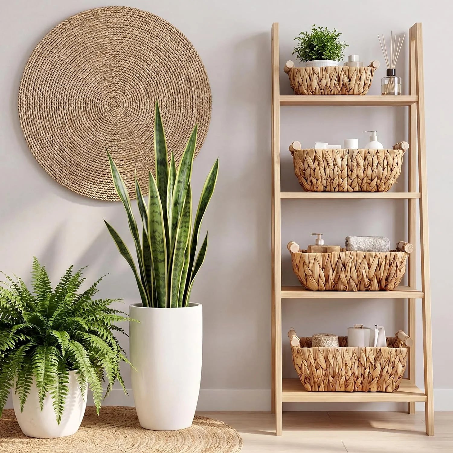 Special Wicker Storage Baskets, Hand Woven Organizing Basket, Water Hyacinth Nesting Shelf Bins with Wooden - Image 3