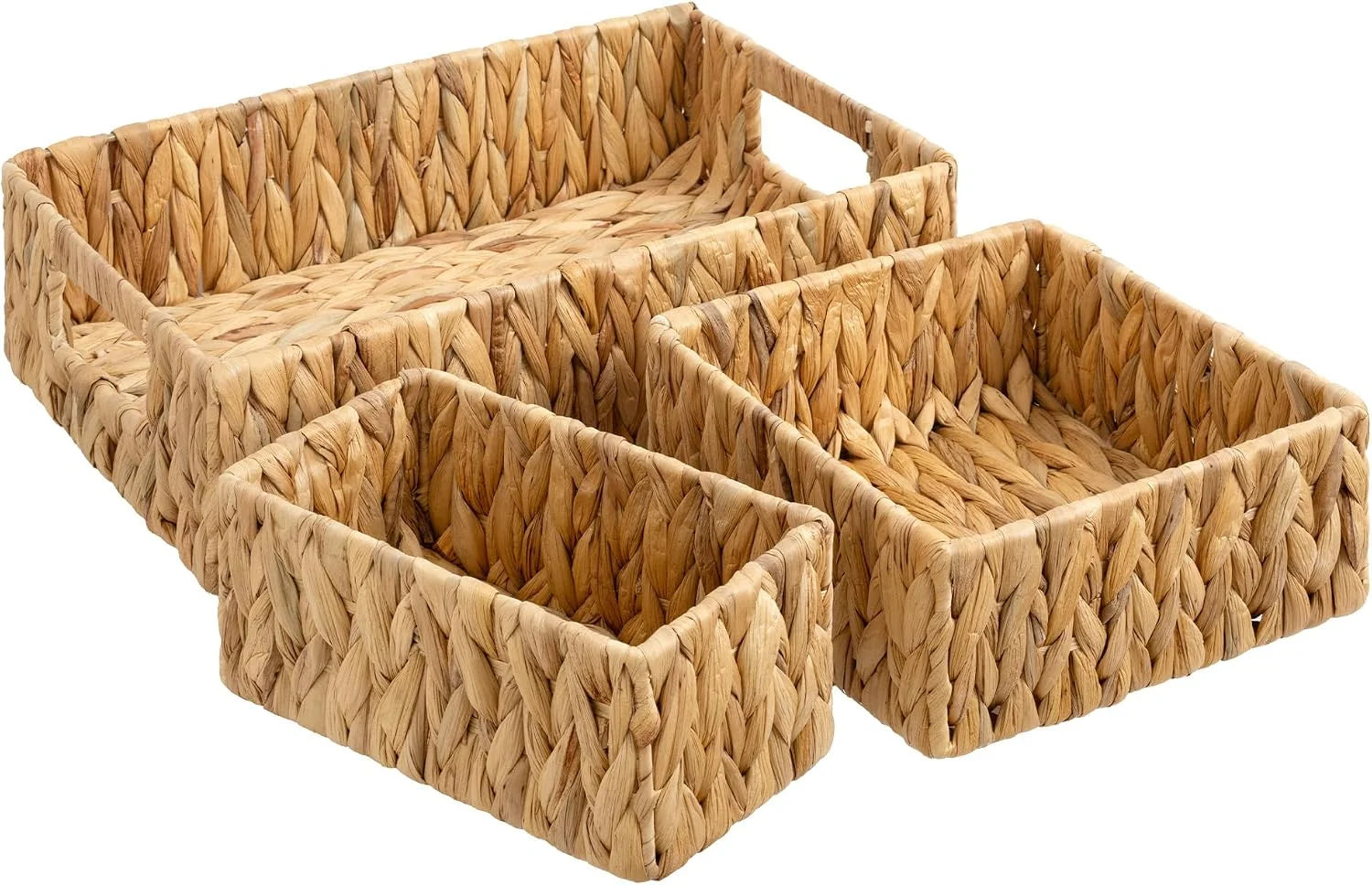 Special Pantry Baskets for Shelves 3 Pack, Rectangular Wicker Basket with Handles, Natural Water Hyacinth