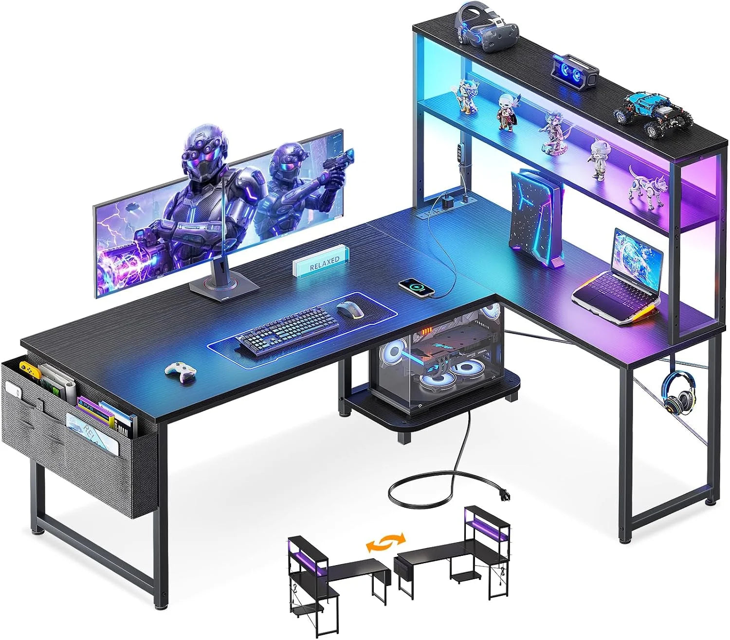 Special 53 L Shaped Gaming Desk with Shelves, LED & Outlets - Image 3