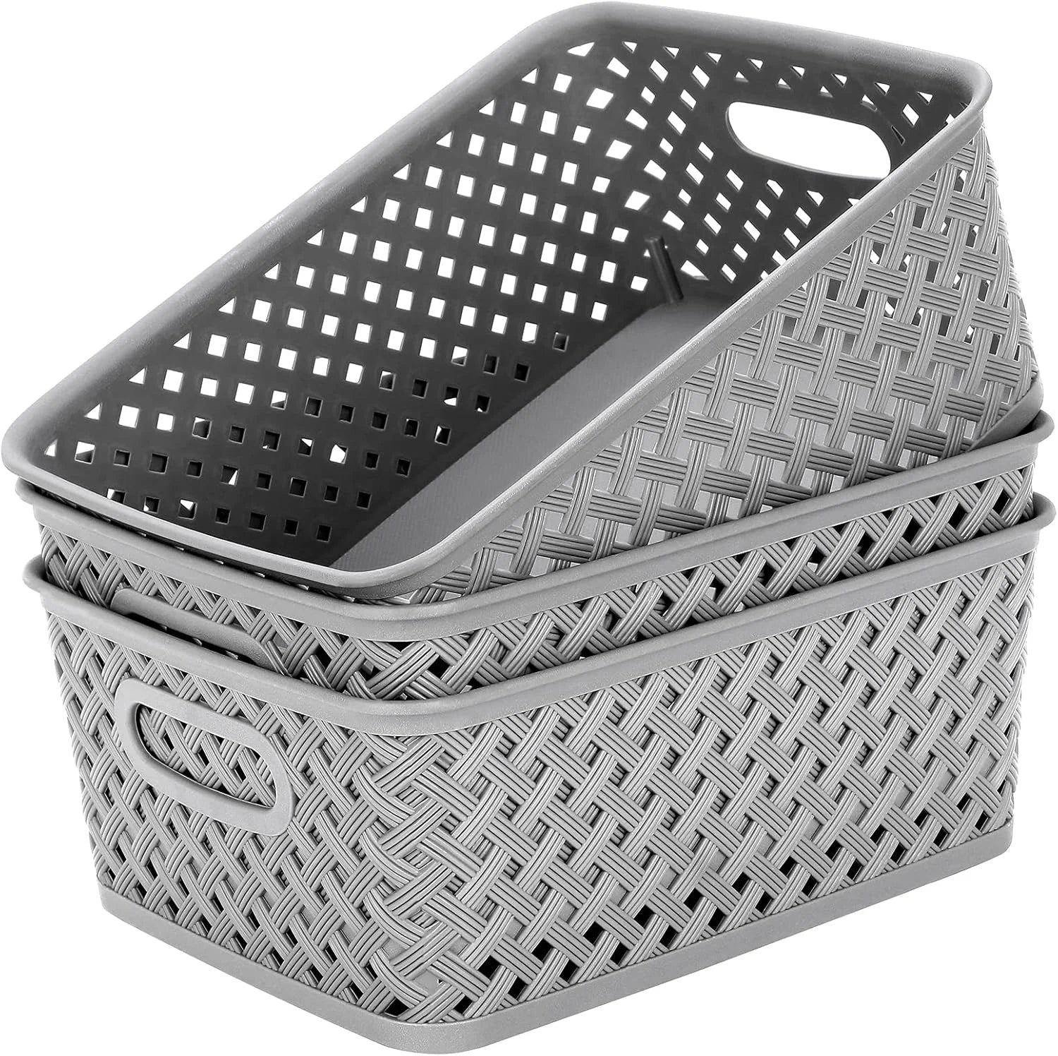 Special 3 Pack Plastic Storage Baskets, Large, White, Durable Woven Plastic with Built-In Handles - Image 12