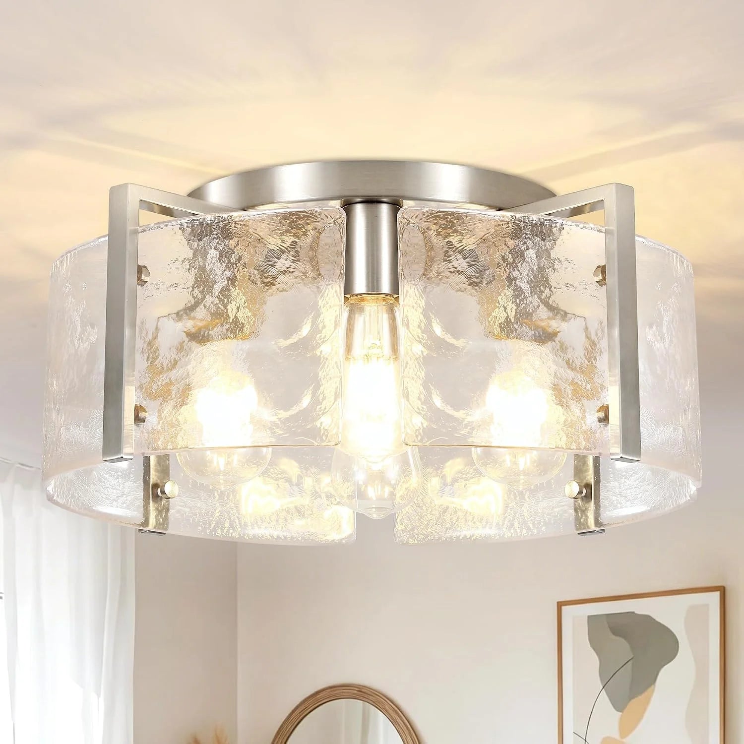 Special Modern Gold Semi Flush Mount Ceiling Light, Dimmable, 3-Light Farmhouse Glass Drum Light Fixture - Image 4