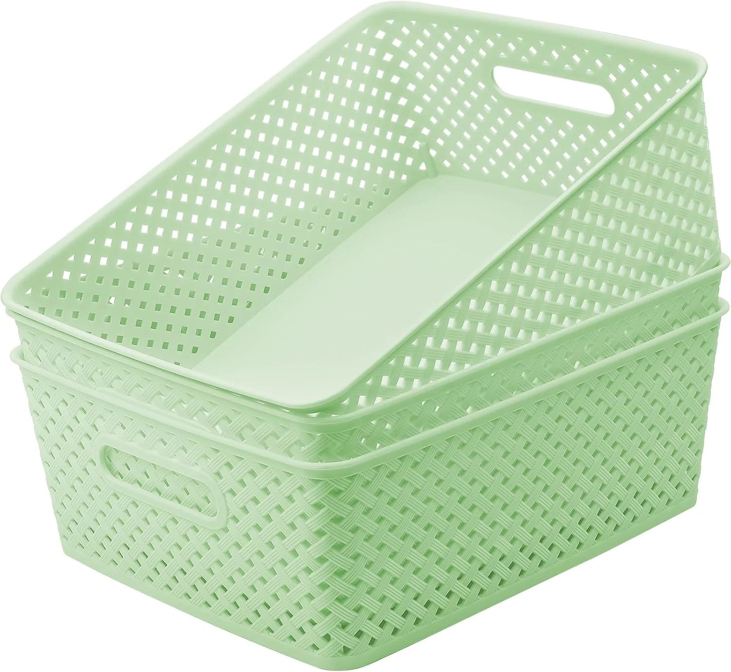 Special 3 Pack Plastic Storage Baskets, Large, White, Durable Woven Plastic with Built-In Handles - Image 5
