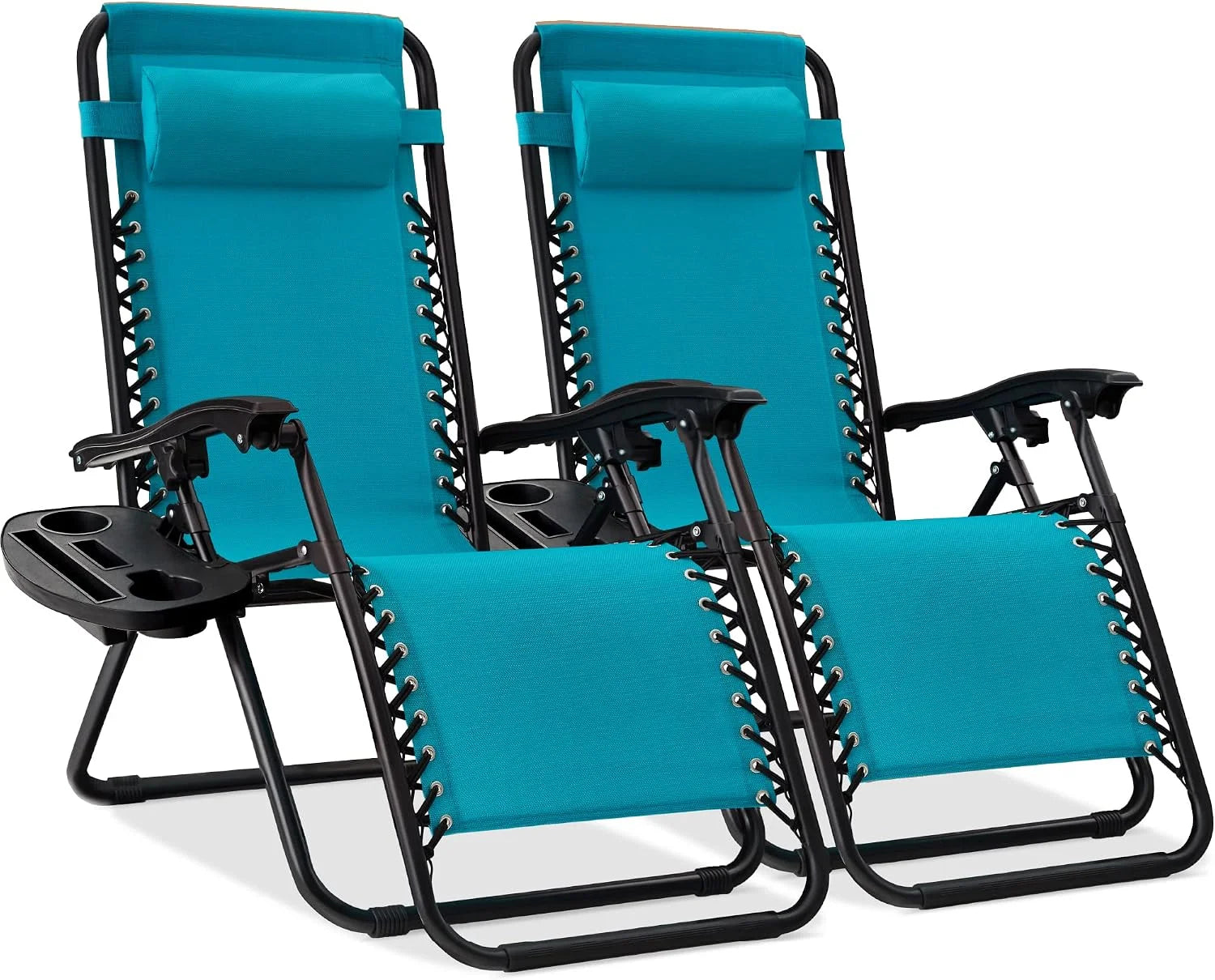 Special Choice Products Set of 2 Adjustable Steel Mesh Zero Gravity Lounge Chair Recliners w/Pillows and Cup Holder Trays - Image 7