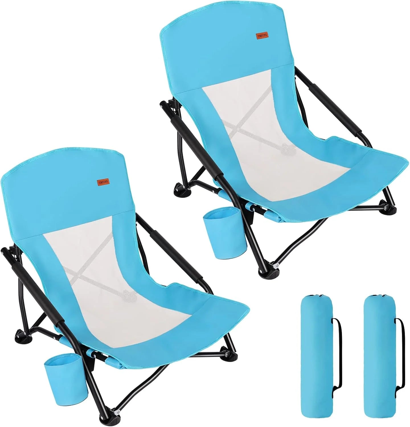 Special Low Beach Chair for Adults 2 Pack, Low Profile Folding with Cup Holder & Carry Bag, Heavy Duty Chair for Outdoor
