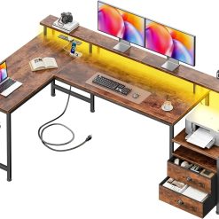 Special 66” L Shaped Gaming Desk with Drawers and Storage Shelves, Reversible Corner Desk with Power Outlets and Host