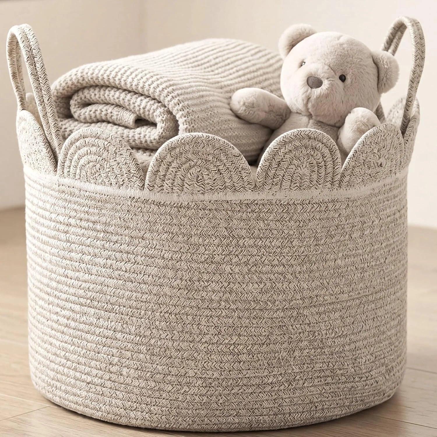 Special Woven Basket Brown, 16 L X 16 W X 14 H, Large Storage for Blankets Toys Laundry, Cotton Rope Scalloped Edge - Image 4