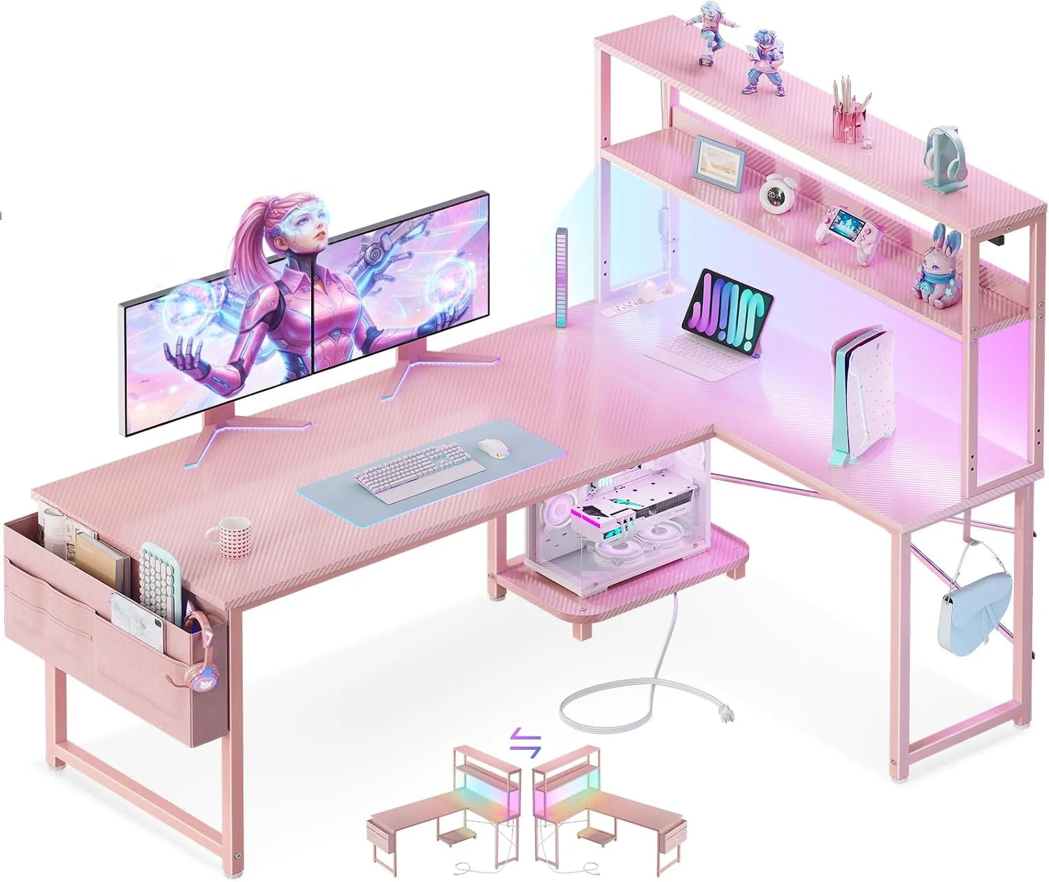 Special 53 L Shaped Gaming Desk with Shelves, LED & Outlets - Image 2