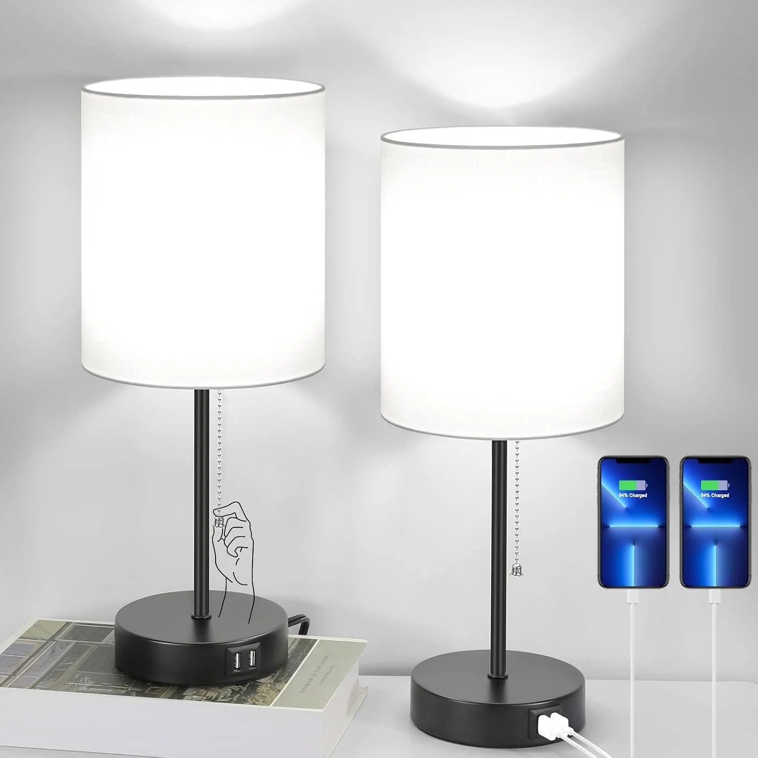 Special 17.3" Table Lamps Set of 2 with 2 USB & AC Outlet, Pull Chain - Image 6