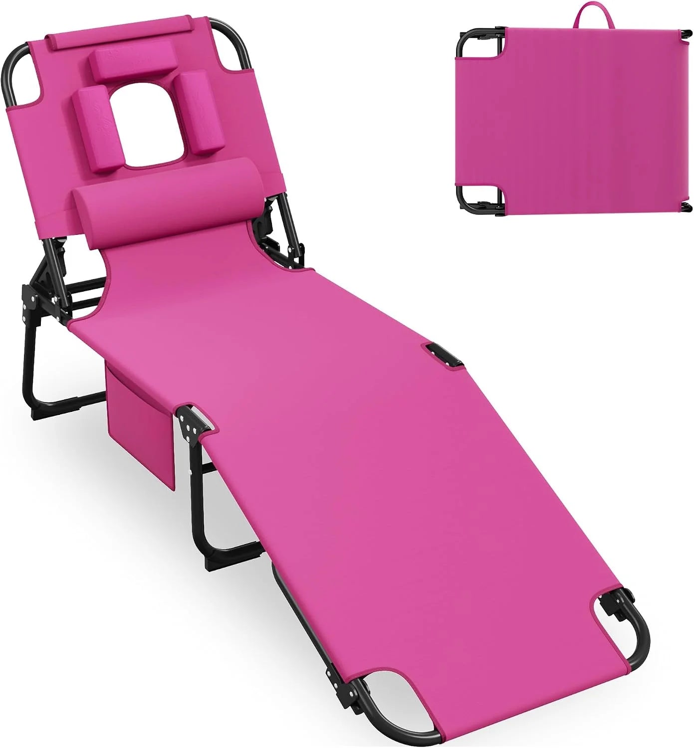 Special 400lbs Tanning Chair with Face Hole, 5-Position Folding Chaise Lounge Chair with Side Pockets - Image 3