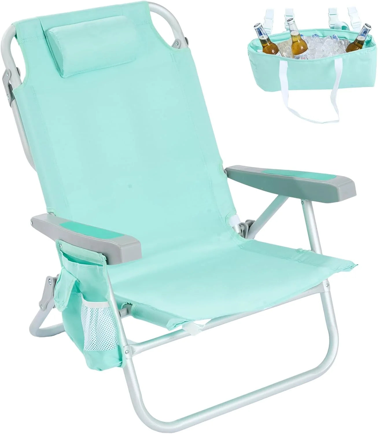 Special Low Beach Chair 2 Pack, 5-Position Lay Flat Reclining, Backpack Portable Folding Chairs with Cooler Bag & Cup - Image 7