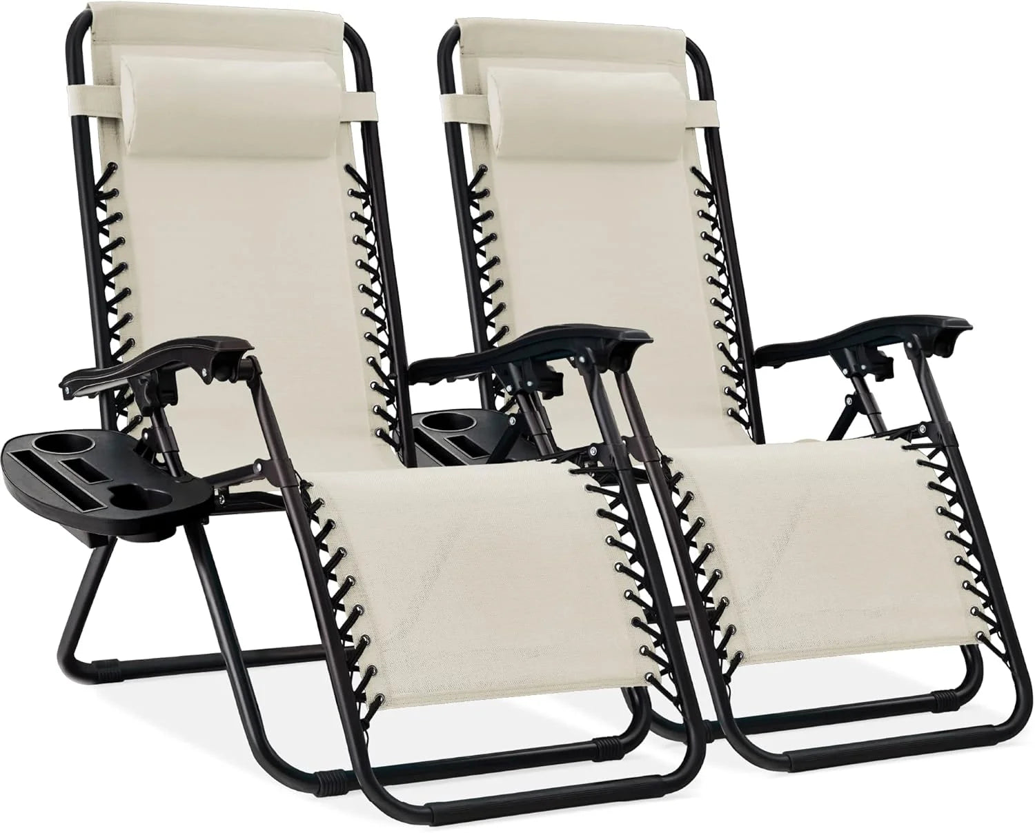 Special Choice Products Set of 2 Adjustable Steel Mesh Zero Gravity Lounge Chair Recliners w/Pillows and Cup Holder Trays
