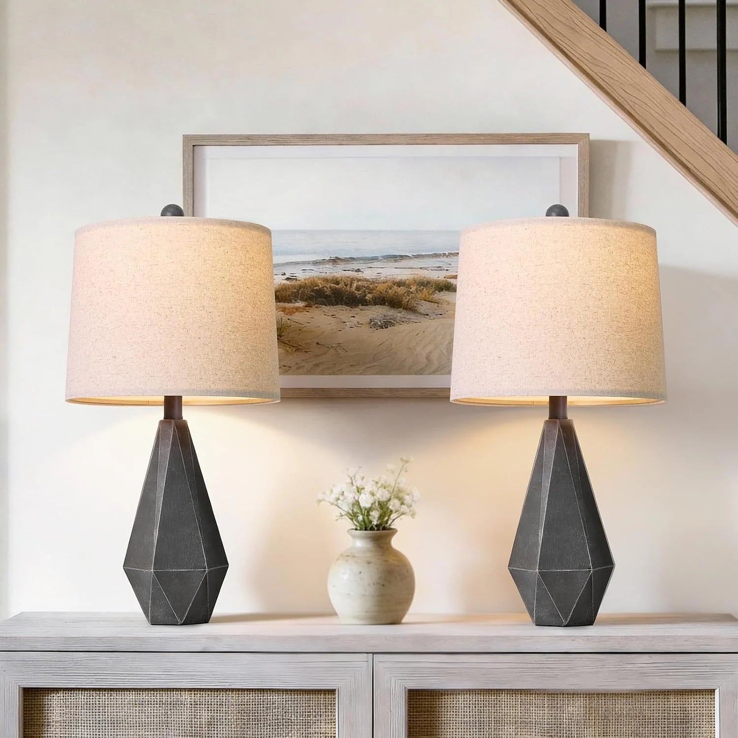 Special PoKat 20.25" Retro Farmhouse Table Lamp Set of 2, Living Room & Bedroom Rustic Linen Bedside Nightstand Lamps for Kids
