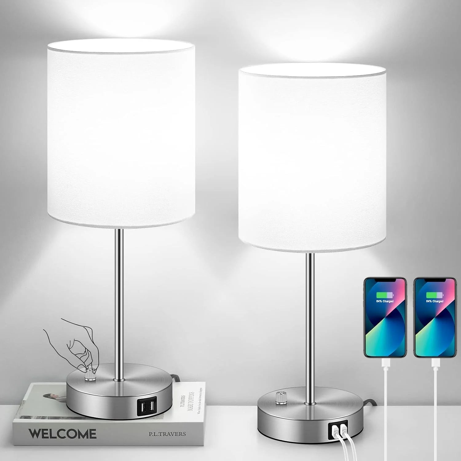 Special 17.3" Table Lamps Set of 2 with 2 USB & AC Outlet, Pull Chain - Image 5