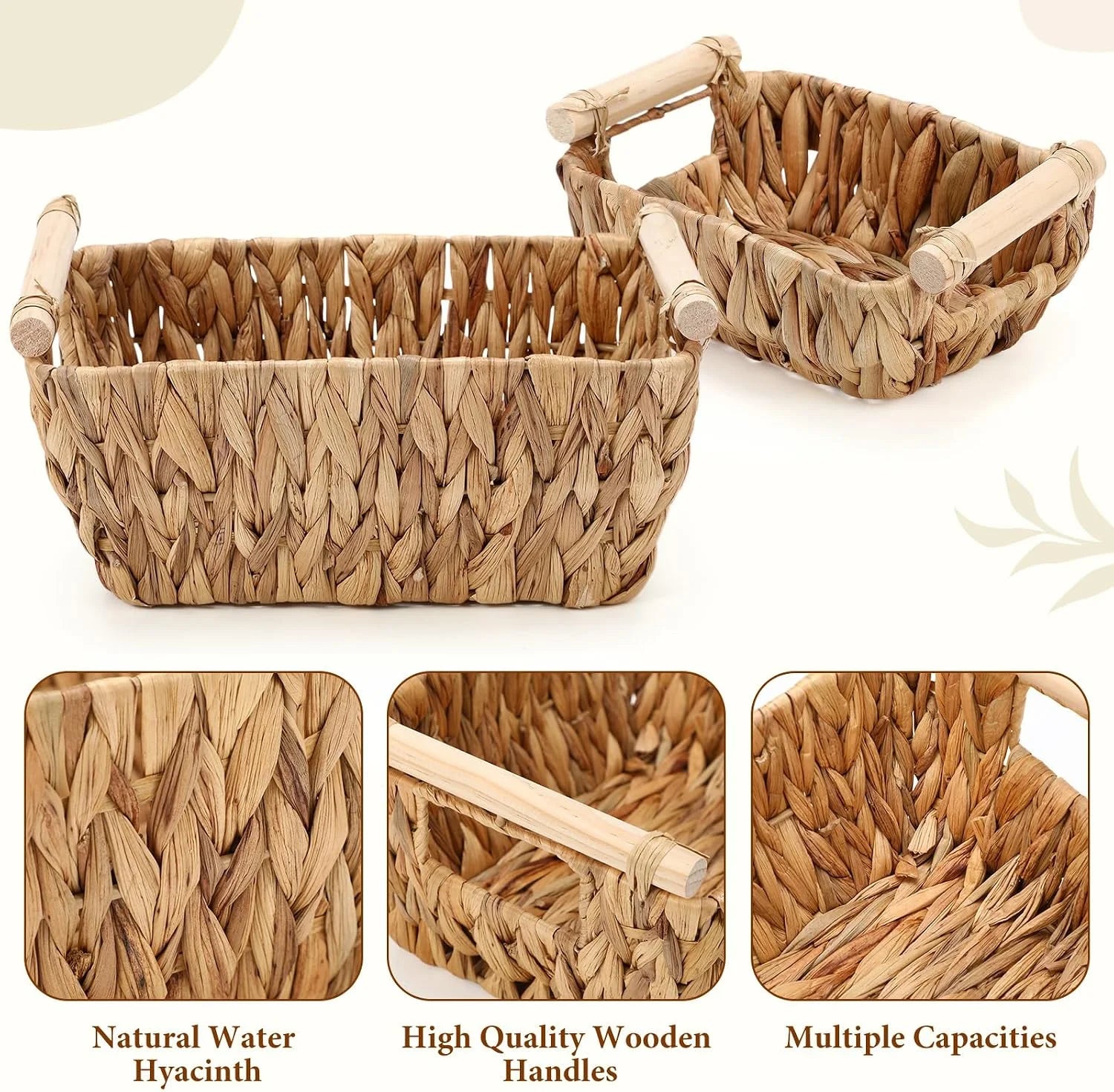 Special Wicker Storage Baskets, Hand Woven Organizing Basket, Water Hyacinth Nesting Shelf Bins with Wooden - Image 4