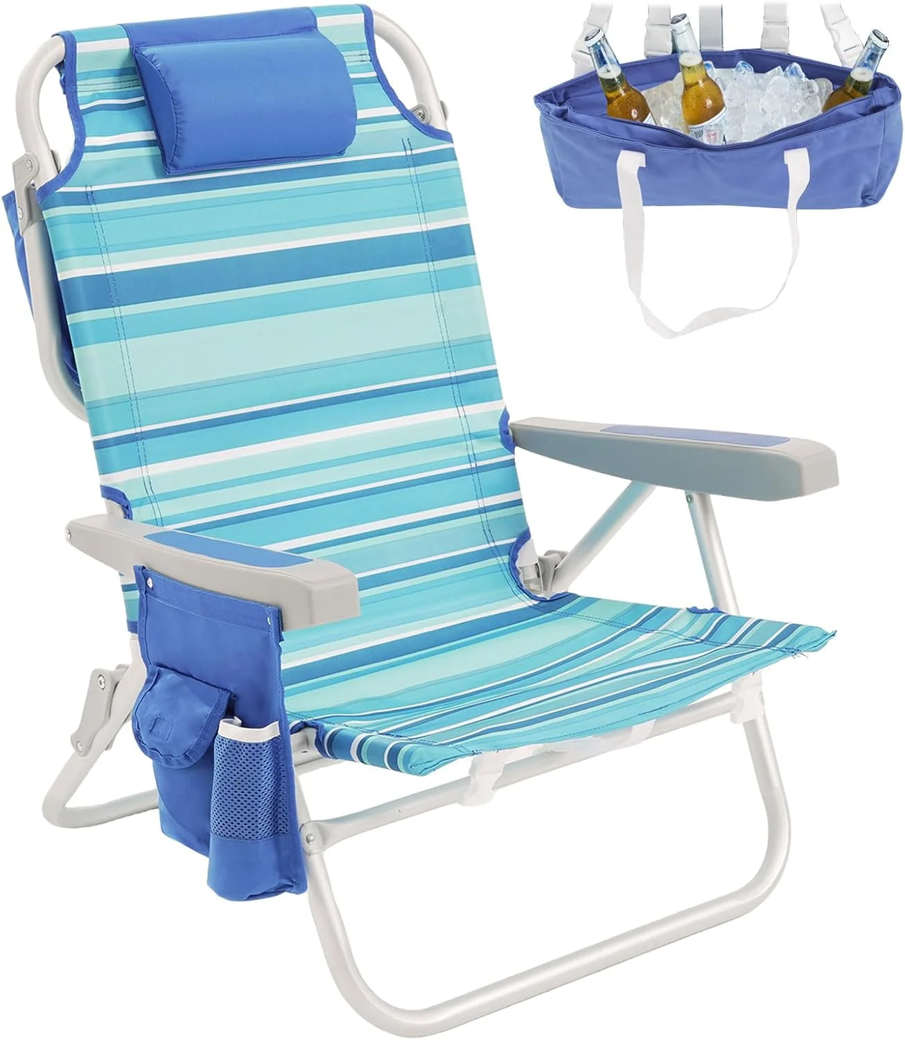 Special Low Beach Chair 2 Pack, 5-Position Lay Flat Reclining, Backpack Portable Folding Chairs with Cooler Bag & Cup - Image 6