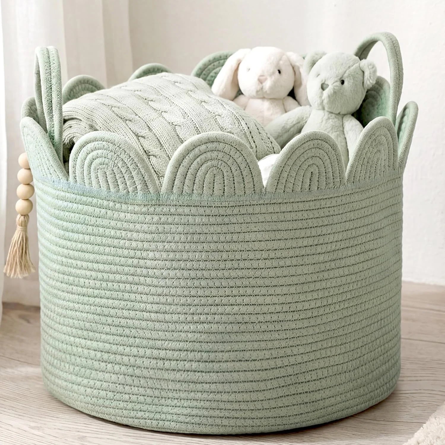 Special Woven Basket Brown, 16 L X 16 W X 14 H, Large Storage for Blankets Toys Laundry, Cotton Rope Scalloped Edge - Image 2