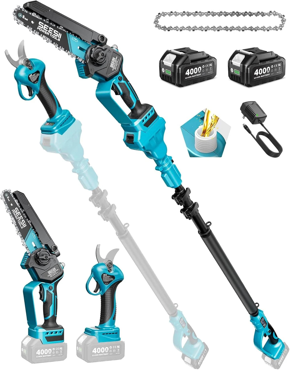 Special SEESII 4-in-1 Pole Saw & Pruning Shears Combo Kit with Brushless Motor